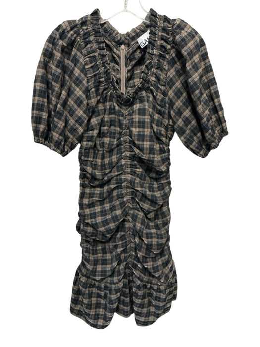 Ganni Size 34 Brown & Black Cotton & Polyester Short Puff Sleeve Plaid Dress Brown & Black / 34