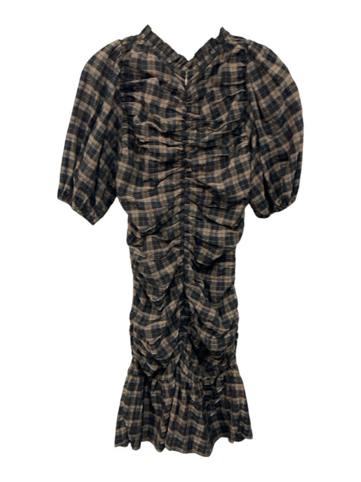 Ganni Size 34 Brown & Black Cotton Blend Short Balloon Sleeve Plaid Mini Dress Brown & Black / 34