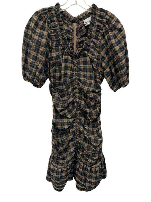 Ganni Size 34 Brown & Black Cotton Blend Short Balloon Sleeve Plaid Mini Dress Brown & Black / 34