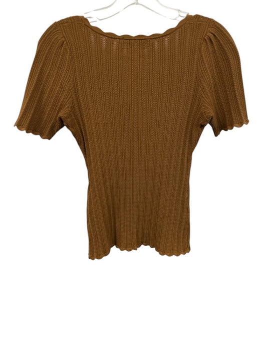 Sezane Size S Brown Viscose Blend Short Sleeve Knit Pattern Scallop Edge Top Brown / S