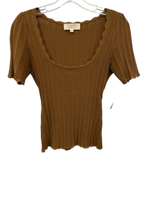 Sezane Size S Brown Viscose Blend Short Sleeve Knit Pattern Scallop Edge Top Brown / S
