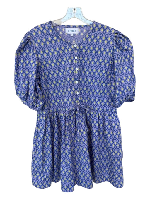 Livro Size L Purple & Yellow Cotton Short Balloon Sleeve Block Print Dress Purple & Yellow / L