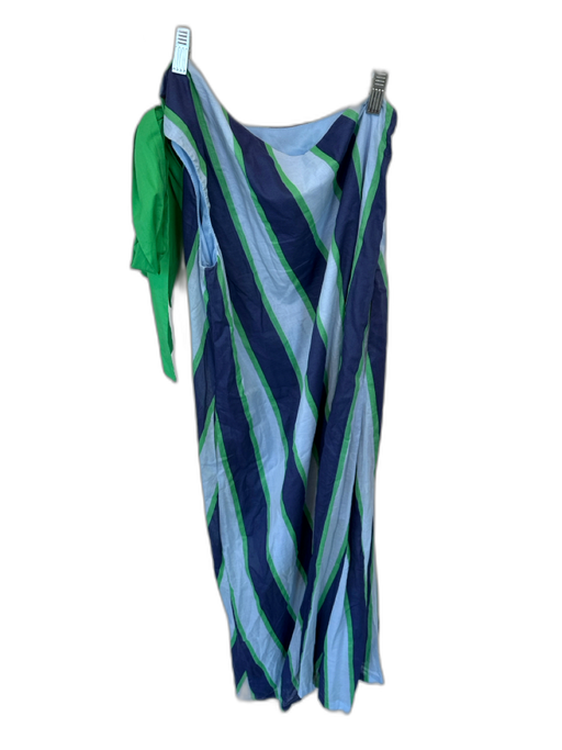 Entro Size M Navy & Green Cotton One Shoulder Bow Striped Maxi Dress Navy & Green / M