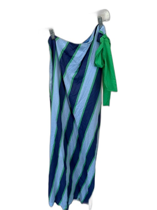 Entro Size M Navy & Green Cotton One Shoulder Bow Striped Maxi Dress Navy & Green / M