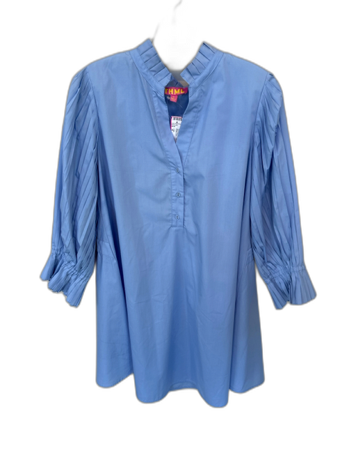 THML Size M Baby Blue Cotton Long Balloon Sleeve Ruffle Collar Dress Baby Blue / M
