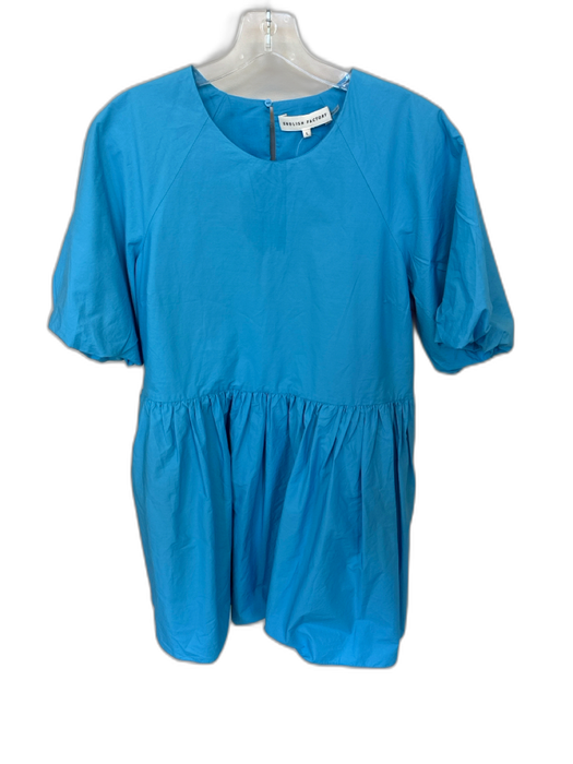 English Factory Size L Sky Blue Cotton 3/4 Balloon Sleeve Pleat Detail Dress Sky Blue / L