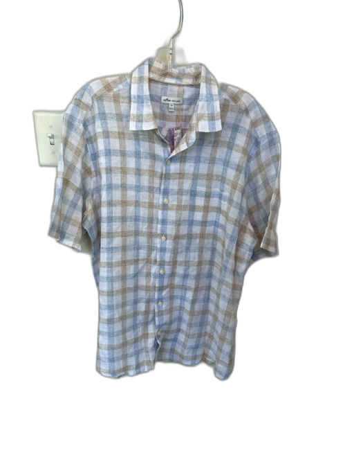 Peter Millar Size XL Blue & Tan Linen Checkered Button Down Men's Shirt Blue & Tan / XL