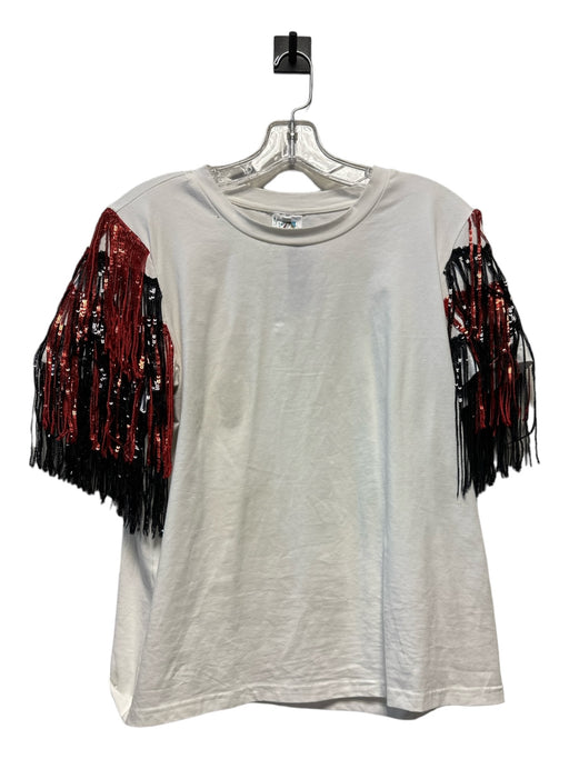 Queen of Sparkles Size M white black & red Cotton Fringe Detail Short Sleeve Top white black & red / M