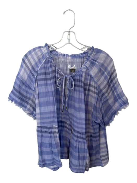 Pilcro Size L Purple Cotton Short Sleeve Checkered Raw Hem Top Purple / L
