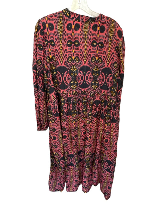 Carolina K Size XL Rust & Black Linen Long Sleeve Ikat Braided Belt Maxi Dress Rust & Black / XL