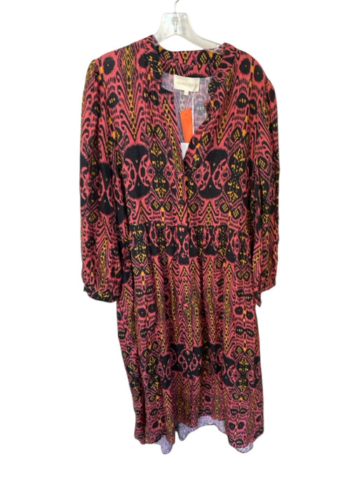 Carolina K Size XL Rust & Black Linen Long Sleeve Ikat Braided Belt Maxi Dress Rust & Black / XL
