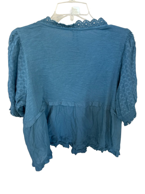 Anthropologie Size XL Blue Cotton Crochet V Neck Short Sleeve Front Tie Top Blue / XL