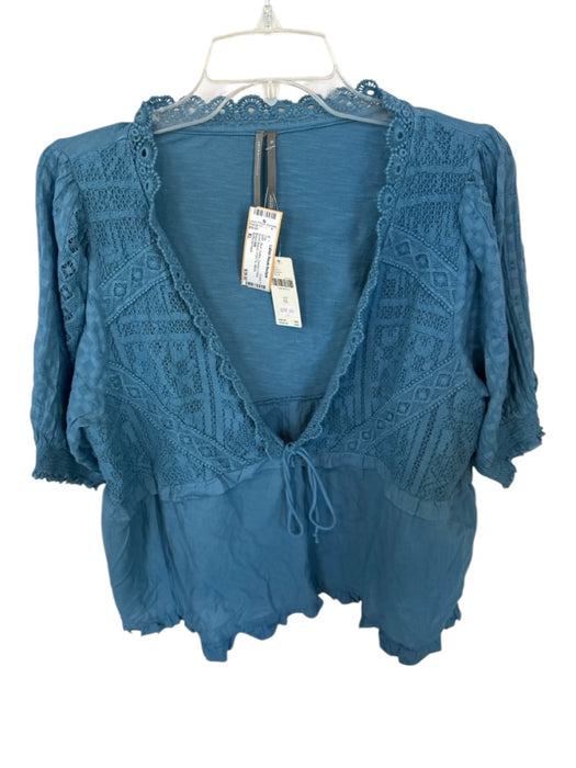 Anthropologie Size XL Blue Cotton Crochet V Neck Short Sleeve Front Tie Top Blue / XL