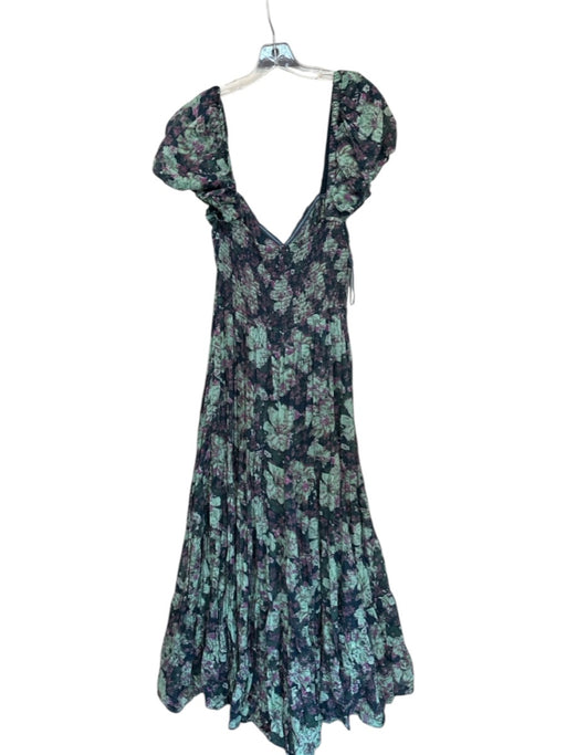 Free People Size XL Green & Purple Cotton & Viscose Smocked Maxi Floral Dress Green & Purple / XL
