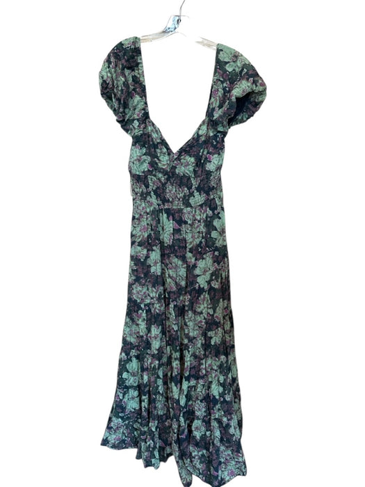 Free People Size XL Green & Purple Cotton & Viscose Smocked Maxi Floral Dress Green & Purple / XL