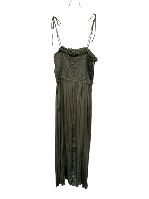 Zara Size L Olive Polyester Pleated Maxi Smocked Spaghetti Strap Dress Olive / L