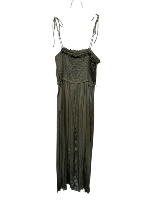 Zara Size L Olive Polyester Pleated Maxi Smocked Spaghetti Strap Dress Olive / L