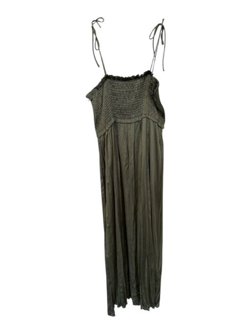 Zara Size L Olive Polyester Pleated Maxi Smocked Spaghetti Strap Dress Olive / L