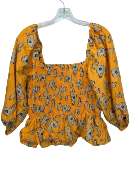 Tanya Taylor Size L Orange & Blue Cotton Blend Smocked Balloon Sleeve Top Orange & Blue / L