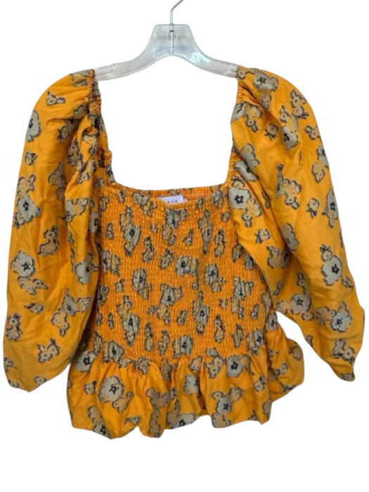 Tanya Taylor Size L Orange & Blue Cotton Blend Smocked Balloon Sleeve Top Orange & Blue / L
