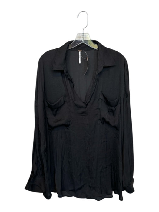 Free People Size L Black Polyester Long Sleeve V Neck Front Pocket Sheer Blouse Black / L