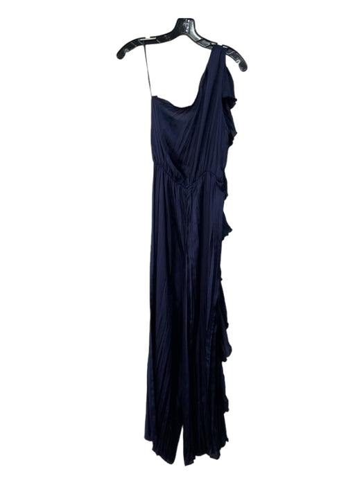 Zara Size S Navy Blue Polyester One Shoulder Ruffle Satin Pleated Jumpsuit Navy Blue / S