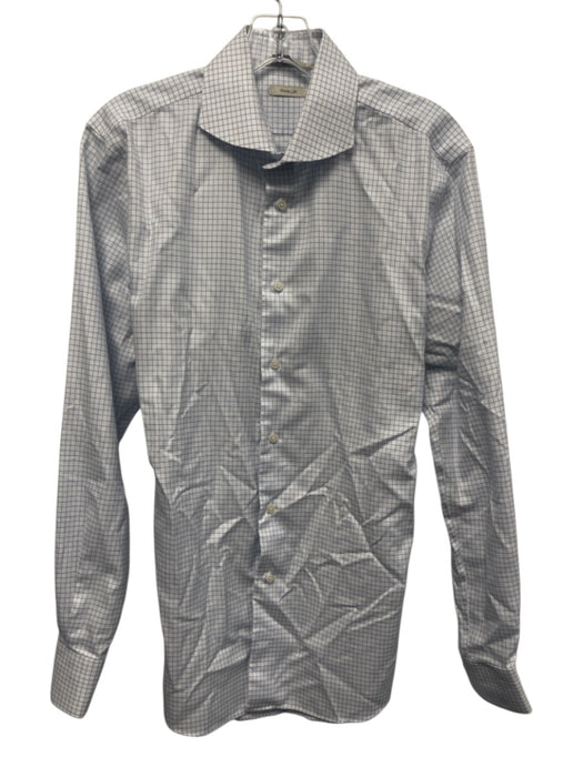 Suitsupply Size 15.75 White & Blue Cotton Grid Button Up Men's Long Sleeve Shirt White & Blue / 15.75