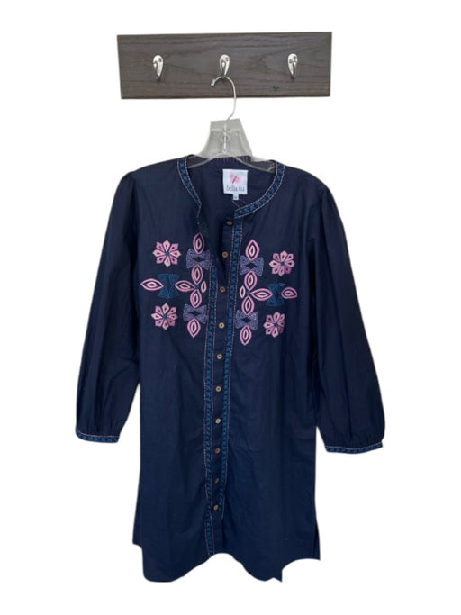 Bella Tu Size XS Navy & Pink Cotton Floral Button Tie Long Sleeve Dress Navy & Pink / XS