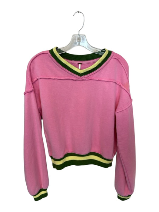 Free People Size S Pink & Green Cotton Long Sleeve V Neck distressed Sweatshirt Pink & Green / S