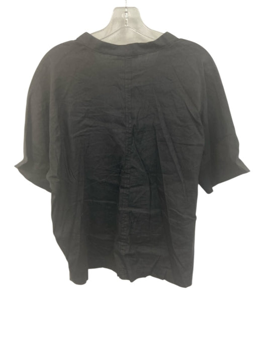 Vince Size M Black Linen & Rayon Short Sleeve Split Neck Top Black / M