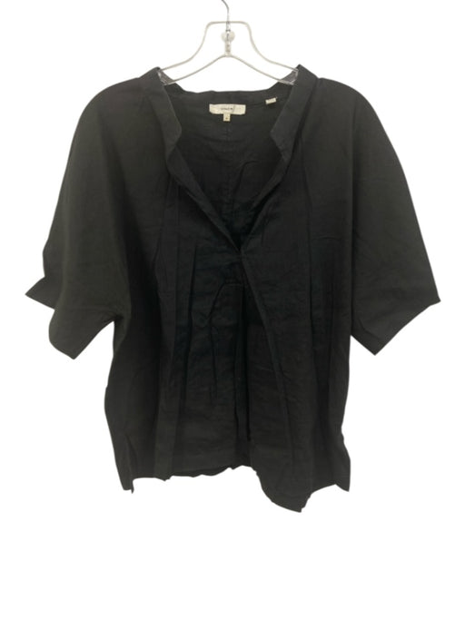 Vince Size M Black Linen & Rayon Short Sleeve Split Neck Top Black / M