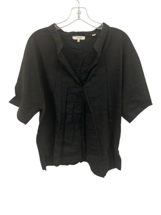 Vince Size M Black Linen & Rayon Short Sleeve Split Neck Top Black / M