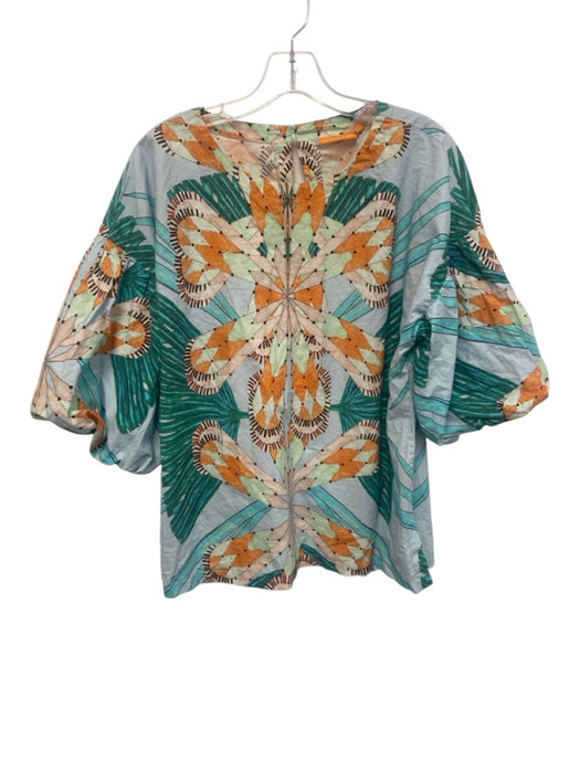Oliphant Size L Blue, Orange, Multi Cotton Wide Short Sleeve All Over Print Top Blue, Orange, Multi / L
