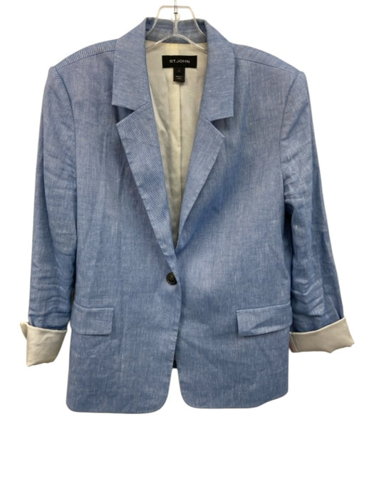 St. John Size 10 Blue Linen & Cotton Long Sleeve Blazer One Button Lapel Jacket Blue / 10