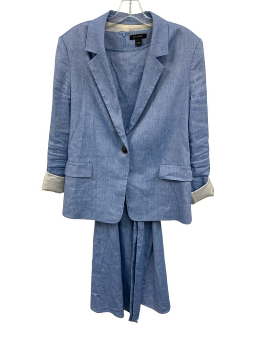 St. John Size 10 Blue Linen & Cotton Long Sleeve Blazer One Button Lapel Jacket Blue / 10