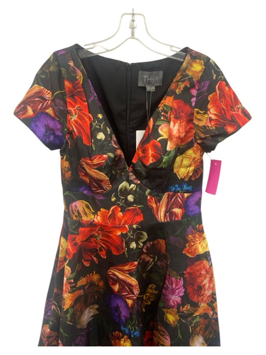 Theia Size 8 Black, Red, Multi Polyester Cap Sleeve Floral V Neck Midi Dress Black, Red, Multi / 8