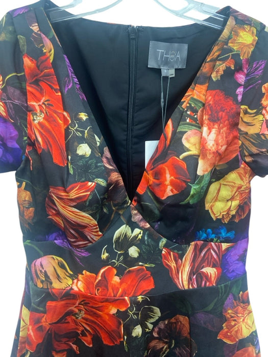 Theia Size 8 Black, Red, Multi Polyester Cap Sleeve Floral V Neck Midi Dress Black, Red, Multi / 8