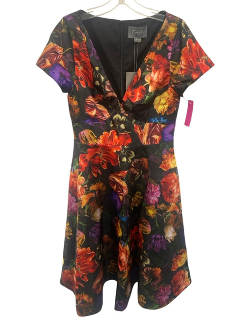 Theia Size 8 Black, Red, Multi Polyester Cap Sleeve Floral V Neck Midi Dress Black, Red, Multi / 8