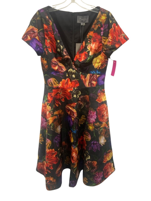 Theia Size 8 Black, Red, Multi Polyester Cap Sleeve Floral V Neck Midi Dress Black, Red, Multi / 8