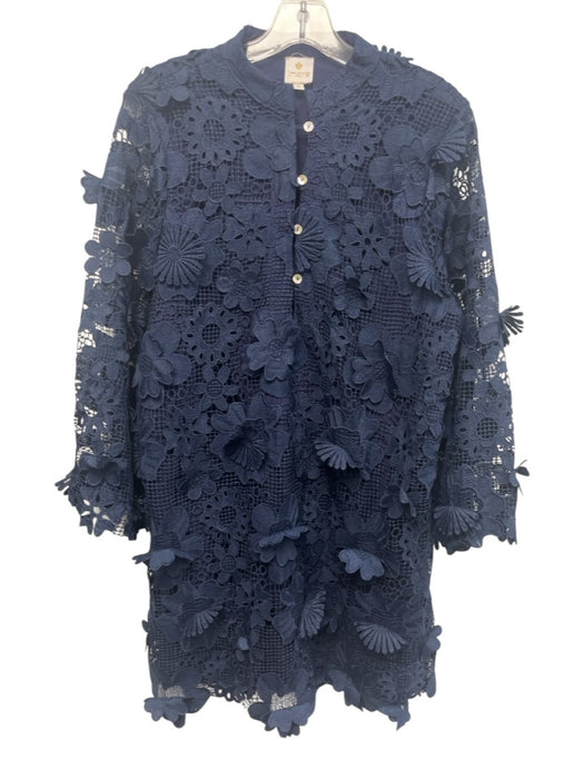 J. Marie Size M Navy Polyester Long Sleeve Floral Applique Knit Buttons Dress Navy / M