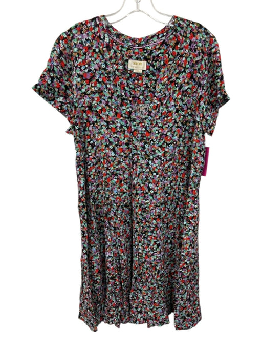 Maeve Size L Black & Multi Viscose Split Neck Cap Sleeve Floral Below knee Dress Black & Multi / L