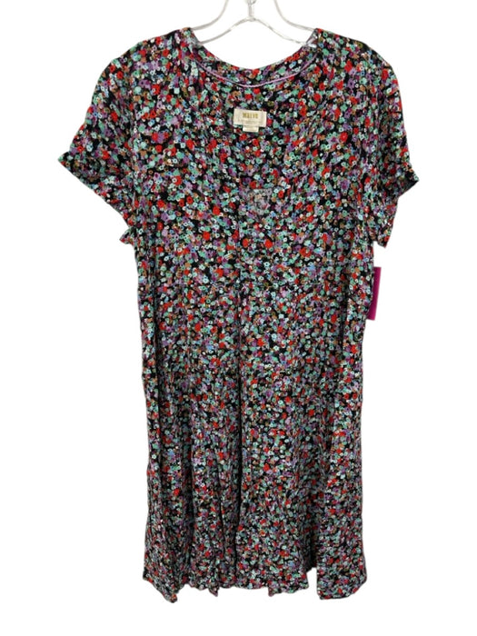 Maeve Size L Black & Multi Viscose Split Neck Cap Sleeve Floral Below knee Dress Black & Multi / L
