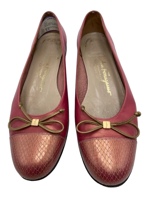 Salvatore Ferragamo Shoe Size 6.5 Red Leather round toe Bow Gold Hardware Flats Red / 6.5
