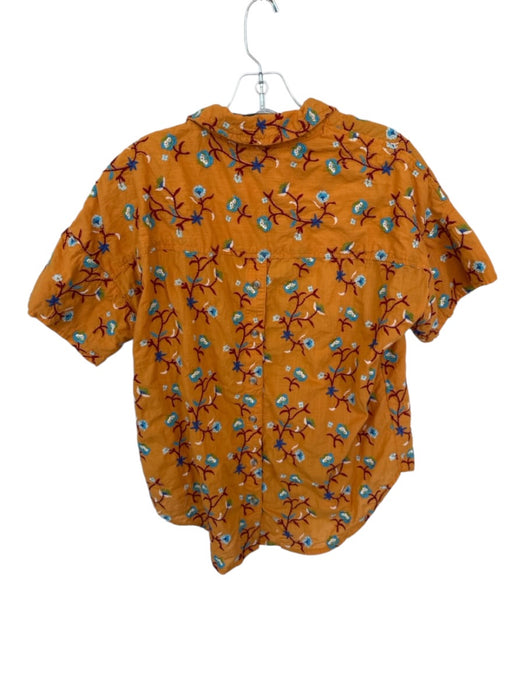 Pilcro Size S Orange & Multi Cotton Blend Floral V Neck Embroidered Top Orange & Multi / S
