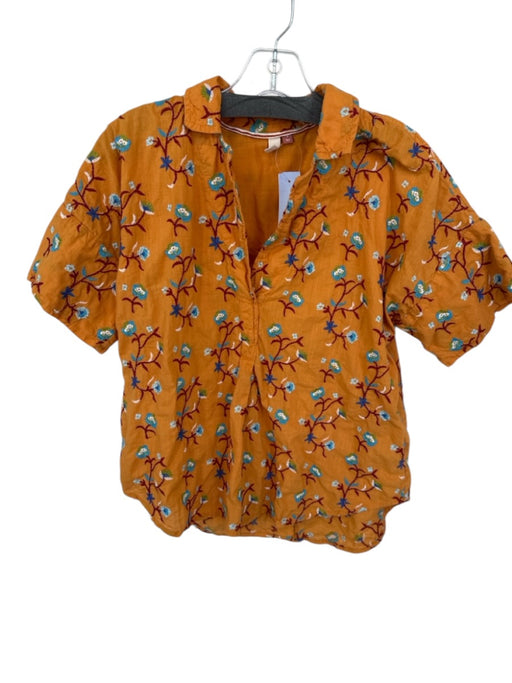 Pilcro Size S Orange & Multi Cotton Blend Floral V Neck Embroidered Top Orange & Multi / S