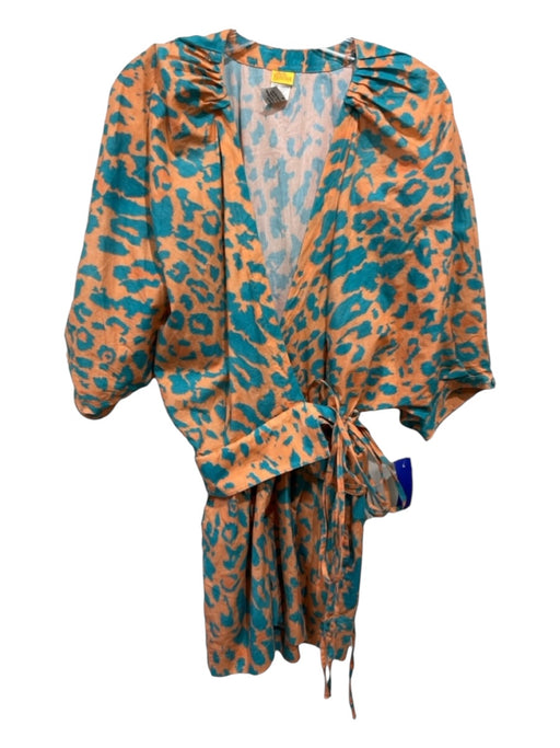 Agua Bendita Size S Orange & Blue Cotton Animal Print Surplice Pockets Romper Orange & Blue / S