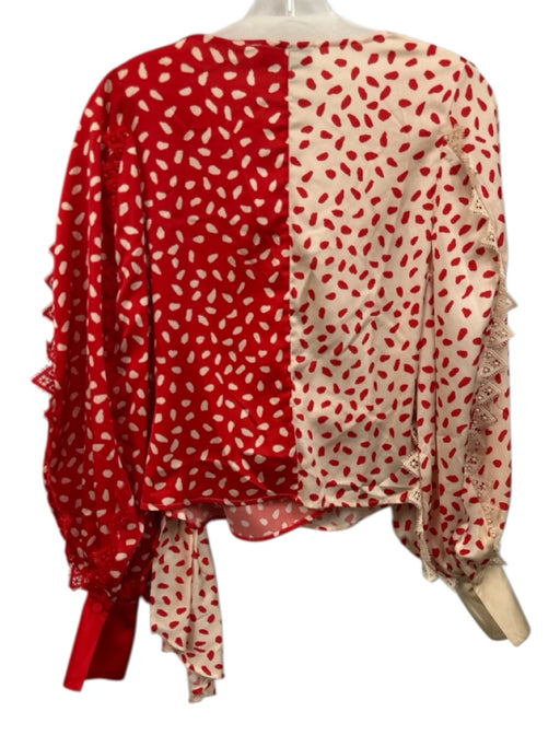 Self-Portrait Size 2 red & cream Polyester Long Sleeve Spotted Lace Trim Top red & cream / 2