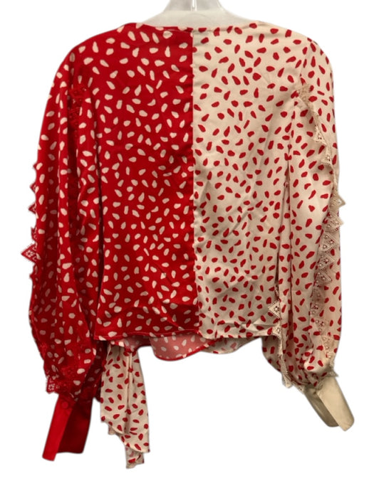 Self-Portrait Size 2 red & cream Polyester Long Sleeve Spotted Lace Trim Top red & cream / 2