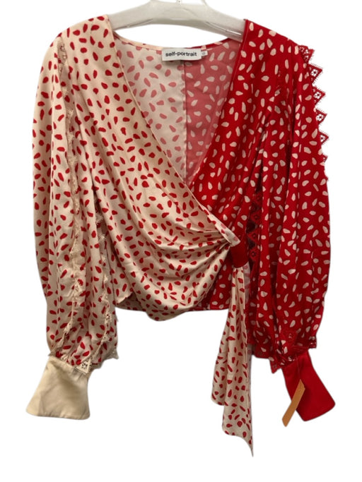 Self-Portrait Size 2 red & cream Polyester Long Sleeve Spotted Lace Trim Top red & cream / 2