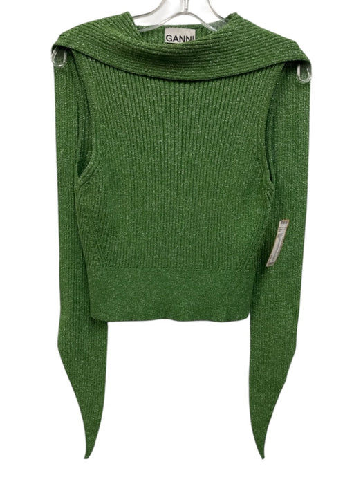 Ganni Size XS Light Green Viscose Blend Sleeveless Metallic Thread Tie Neck Top Light Green / XS